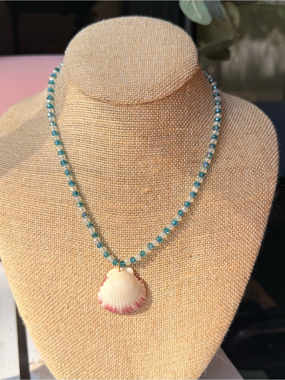 Handmade Seashell Pendant Necklace with Teal Beaded Chain Beachy Summer